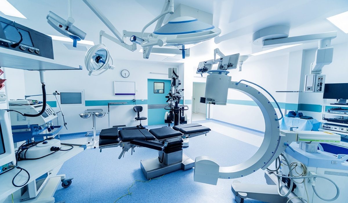 Modern equipment in operating room. Medical devices for neurosurgery. Background